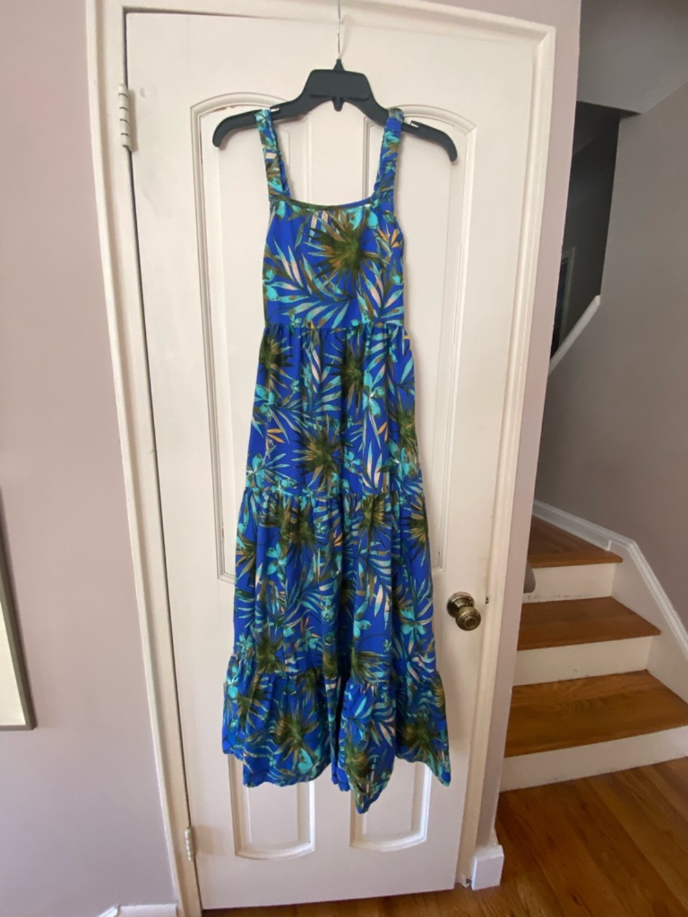 Blue Tropical Print Maxi Sundress with Adjustable Straps